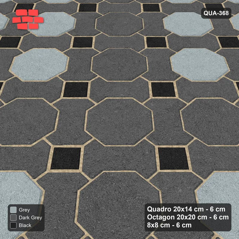 Interlock (Pasco) 20x14 cm · QUA-368 · Quadro-Octagon-8x8 grid, octagon cross, 45 deg (Graphite Scale), Kerb 25H kerb · Side view Interlock (Pasco) 20x14 cm · QUA-368 · Quadro-Octagon-8x8 grid, octagon cross, 45 deg (Graphite Scale), Kerb 25H kerb · Side view