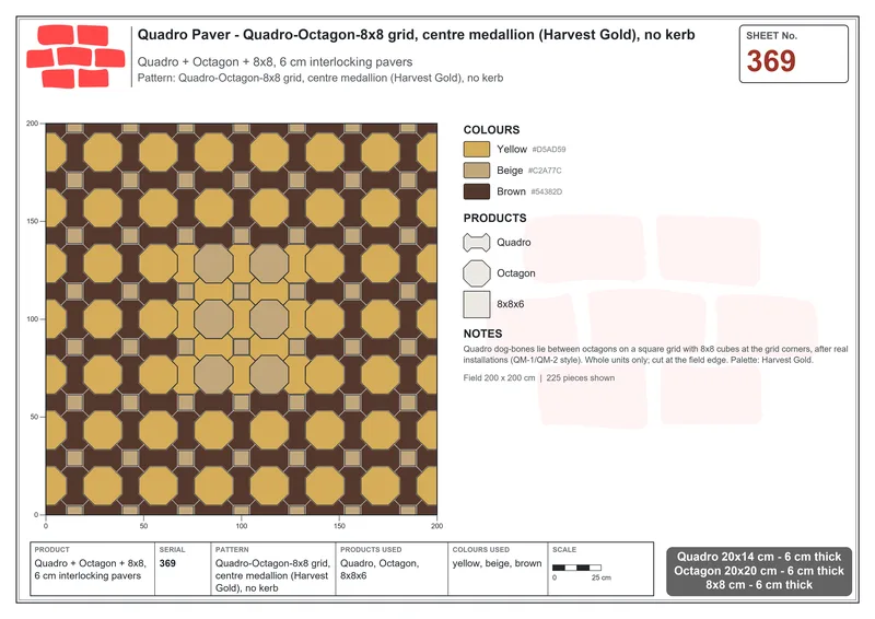 Interlock (Pasco) 20x14 cm · QUA-369 · Quadro-Octagon-8x8 grid, centre medallion (Harvest Gold), no kerb · Laying plan
