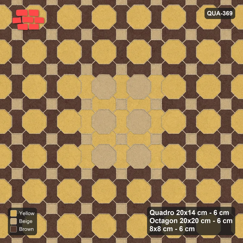 Interlock (Pasco) 20x14 cm · QUA-369 · Quadro-Octagon-8x8 grid, centre medallion (Harvest Gold), no kerb · Top view Interlock (Pasco) 20x14 cm · QUA-369 · Quadro-Octagon-8x8 grid, centre medallion (Harvest Gold), no kerb · Top view