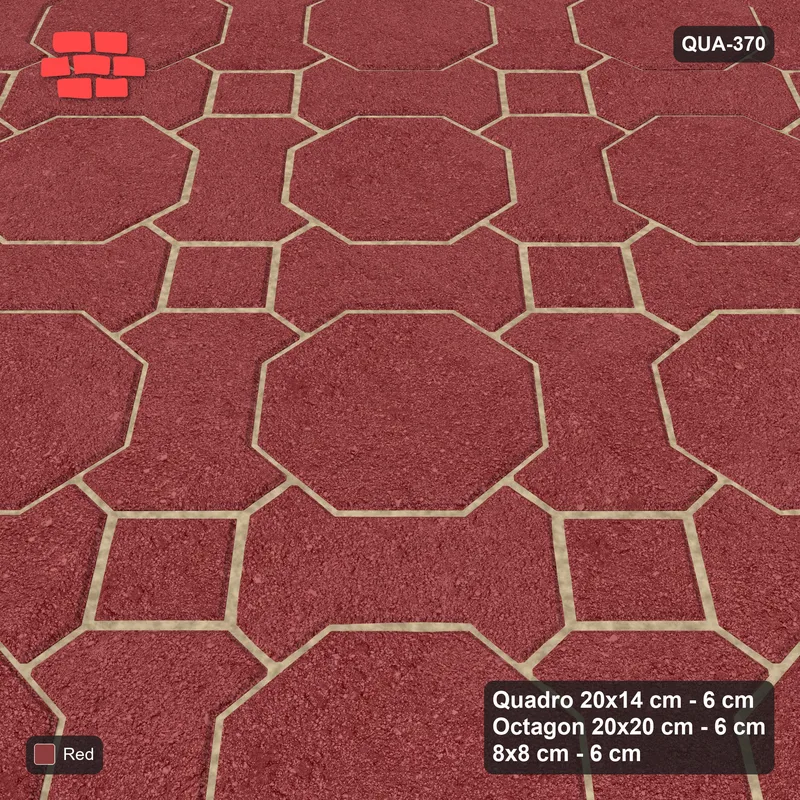 Interlock (Pasco) 20x14 cm · QUA-370 · Quadro-Octagon-8x8 grid, uniform roles, 45 deg (Terracotta Red), Kerb 25B kerb · Side view Interlock (Pasco) 20x14 cm · QUA-370 · Quadro-Octagon-8x8 grid, uniform roles, 45 deg (Terracotta Red), Kerb 25B kerb · Side view
