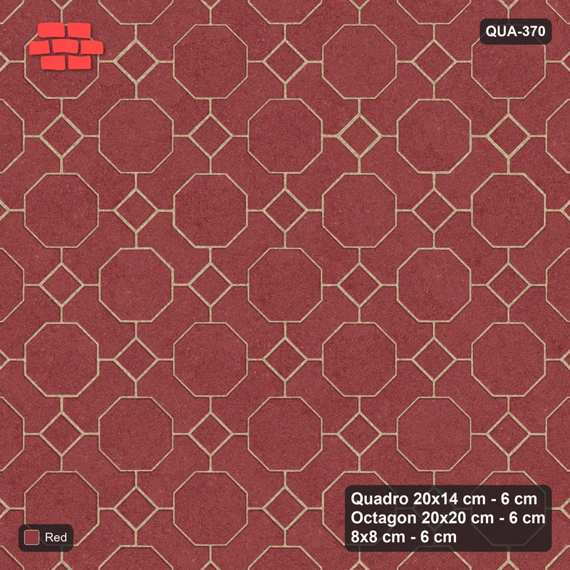 Interlock (Pasco) 20x14 cm · QUA-370 · Quadro-Octagon-8x8 grid, uniform roles, 45 deg (Terracotta Red), Kerb 25B kerb · Top view Interlock (Pasco) 20x14 cm · QUA-370 · Quadro-Octagon-8x8 grid, uniform roles, 45 deg (Terracotta Red), Kerb 25B kerb · Top view