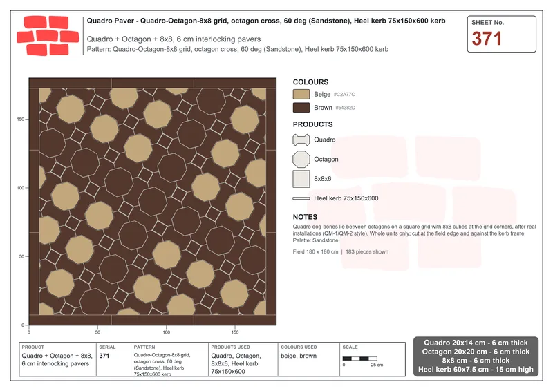 Interlock (Pasco) 20x14 cm · QUA-371 · Quadro-Octagon-8x8 grid, octagon cross, 60 deg (Sandstone), Heel kerb 75x150x600 kerb · Laying plan