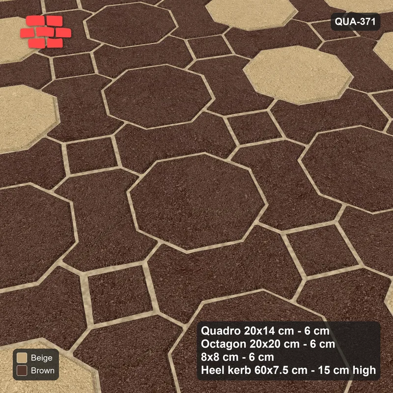 Interlock (Pasco) 20x14 cm · QUA-371 · Quadro-Octagon-8x8 grid, octagon cross, 60 deg (Sandstone), Heel kerb 75x150x600 kerb · Side view Interlock (Pasco) 20x14 cm · QUA-371 · Quadro-Octagon-8x8 grid, octagon cross, 60 deg (Sandstone), Heel kerb 75x150x600 kerb · Side view