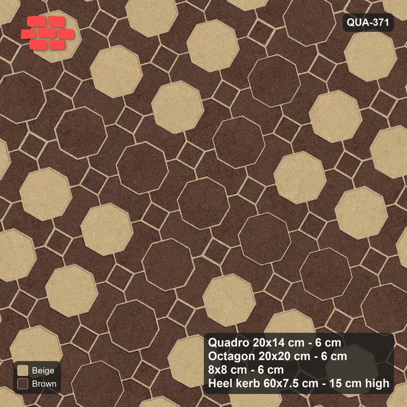 Interlock (Pasco) 20x14 cm · QUA-371 · Quadro-Octagon-8x8 grid, octagon cross, 60 deg (Sandstone), Heel kerb 75x150x600 kerb · Top view Interlock (Pasco) 20x14 cm · QUA-371 · Quadro-Octagon-8x8 grid, octagon cross, 60 deg (Sandstone), Heel kerb 75x150x600 kerb · Top view