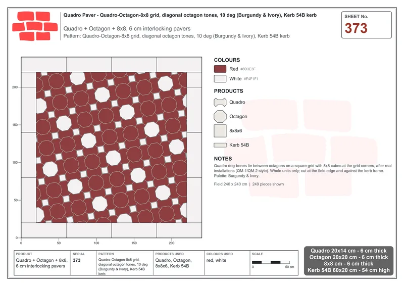 Interlock (Pasco) 20x14 cm · QUA-373 · Quadro-Octagon-8x8 grid, diagonal octagon tones, 10 deg (Burgundy & Ivory), Kerb 54B kerb · Laying plan