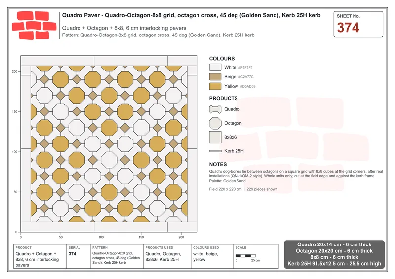 Interlock (Pasco) 20x14 cm · QUA-374 · Quadro-Octagon-8x8 grid, octagon cross, 45 deg (Golden Sand), Kerb 25H kerb · Laying plan