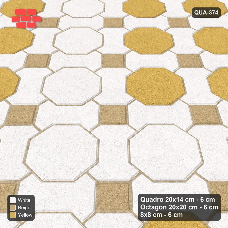 Interlock (Pasco) 20x14 cm · QUA-374 · Quadro-Octagon-8x8 grid, octagon cross, 45 deg (Golden Sand), Kerb 25H kerb · Side view Interlock (Pasco) 20x14 cm · QUA-374 · Quadro-Octagon-8x8 grid, octagon cross, 45 deg (Golden Sand), Kerb 25H kerb · Side view