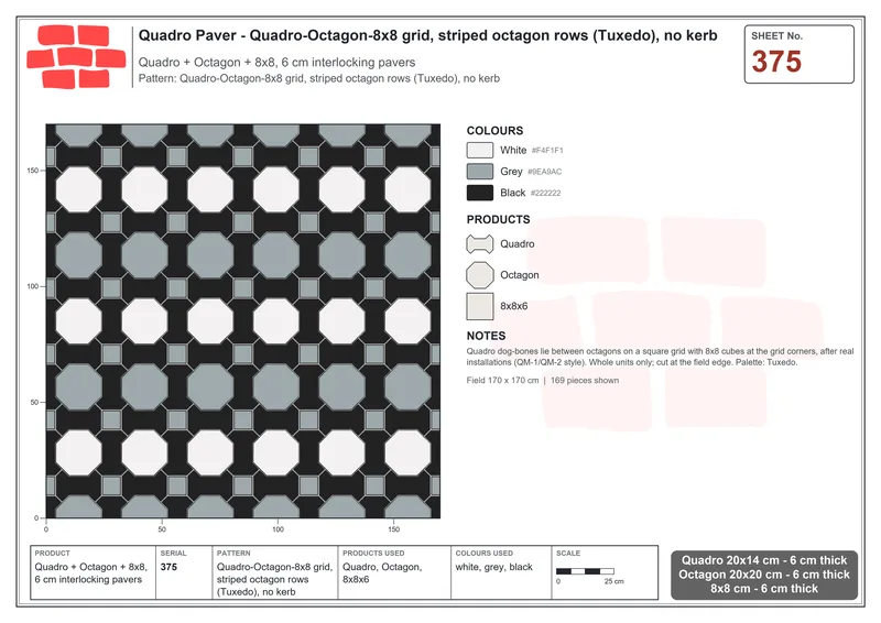 Interlock (Pasco) 20x14 cm · QUA-375 · Quadro-Octagon-8x8 grid, striped octagon rows (Tuxedo), no kerb · Laying plan