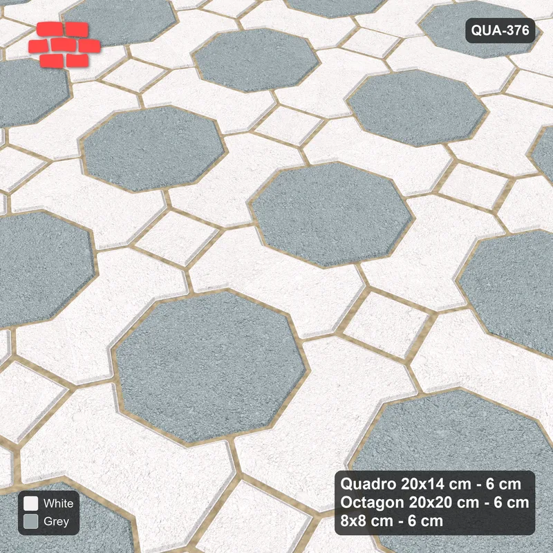 Interlock (Pasco) 20x14 cm · QUA-376 · Quadro-Octagon-8x8 grid, uniform roles, 15 deg (Salt & Pepper), Kerb 40B kerb · Side view Interlock (Pasco) 20x14 cm · QUA-376 · Quadro-Octagon-8x8 grid, uniform roles, 15 deg (Salt & Pepper), Kerb 40B kerb · Side view