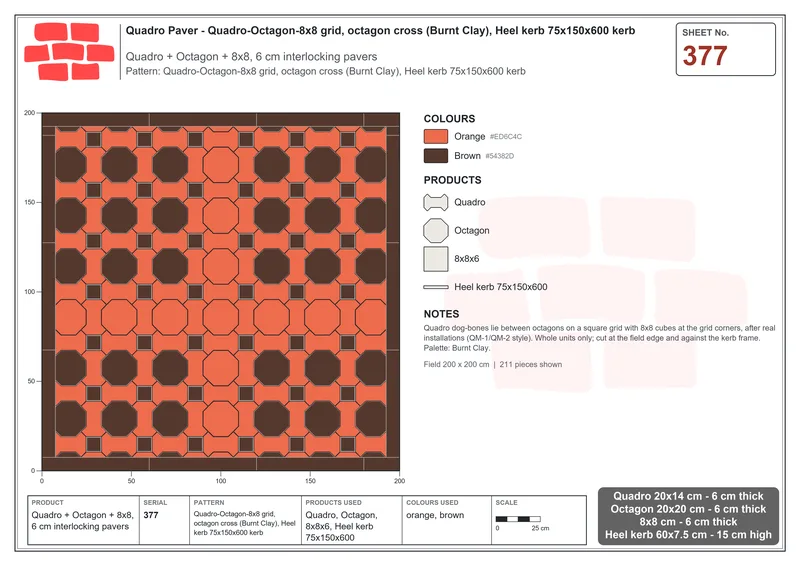 Interlock (Pasco) 20x14 cm · QUA-377 · Quadro-Octagon-8x8 grid, octagon cross (Burnt Clay), Heel kerb 75x150x600 kerb · Laying plan