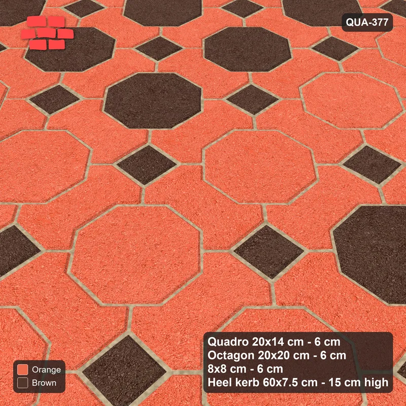 Interlock (Pasco) 20x14 cm · QUA-377 · Quadro-Octagon-8x8 grid, octagon cross (Burnt Clay), Heel kerb 75x150x600 kerb · Side view Interlock (Pasco) 20x14 cm · QUA-377 · Quadro-Octagon-8x8 grid, octagon cross (Burnt Clay), Heel kerb 75x150x600 kerb · Side view