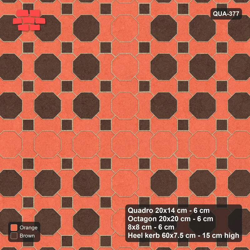 Interlock (Pasco) 20x14 cm · QUA-377 · Quadro-Octagon-8x8 grid, octagon cross (Burnt Clay), Heel kerb 75x150x600 kerb · Top view Interlock (Pasco) 20x14 cm · QUA-377 · Quadro-Octagon-8x8 grid, octagon cross (Burnt Clay), Heel kerb 75x150x600 kerb · Top view