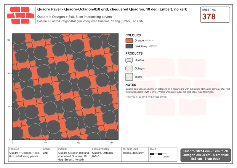 Interlock (Pasco) 20x14 cm · QUA-378 · Quadro-Octagon-8x8 grid, chequered Quadros, 10 deg (Ember), no kerb · Laying plan