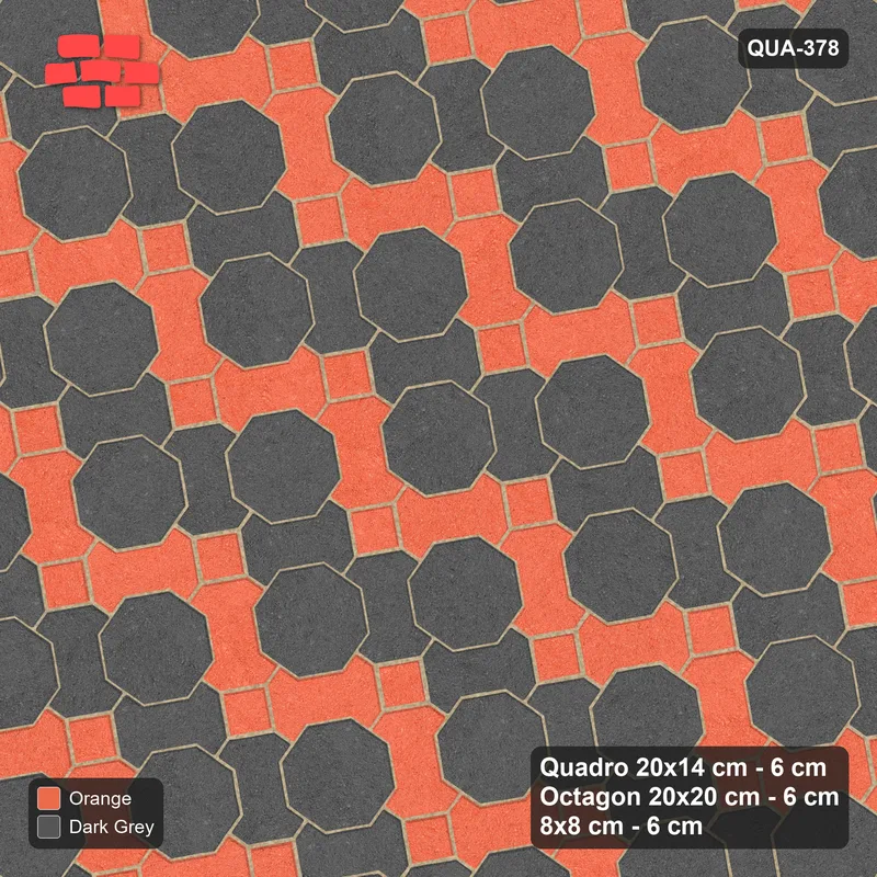 Interlock (Pasco) 20x14 cm · QUA-378 · Quadro-Octagon-8x8 grid, chequered Quadros, 10 deg (Ember), no kerb · Top view Interlock (Pasco) 20x14 cm · QUA-378 · Quadro-Octagon-8x8 grid, chequered Quadros, 10 deg (Ember), no kerb · Top view