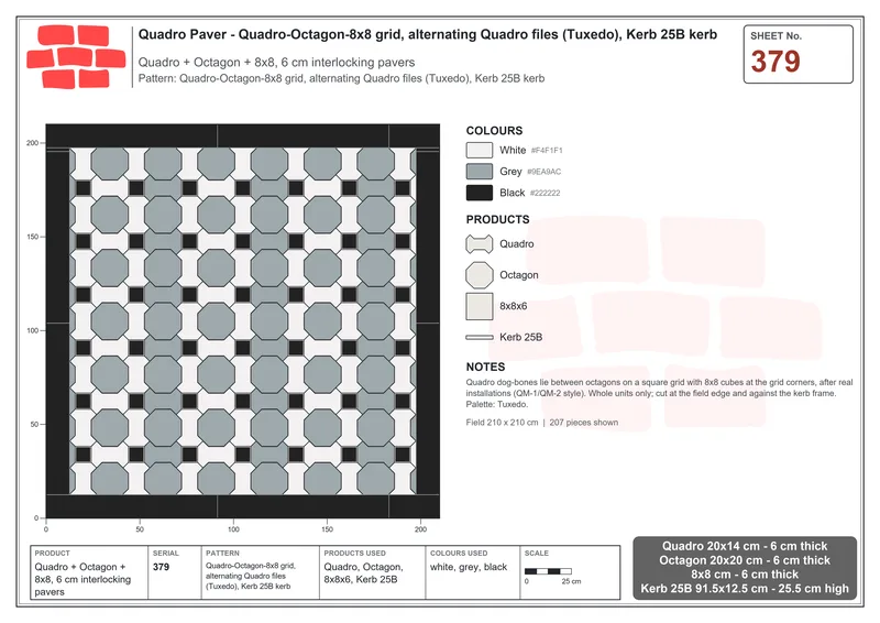 Interlock (Pasco) 20x14 cm · QUA-379 · Quadro-Octagon-8x8 grid, alternating Quadro files (Tuxedo), Kerb 25B kerb · Laying plan