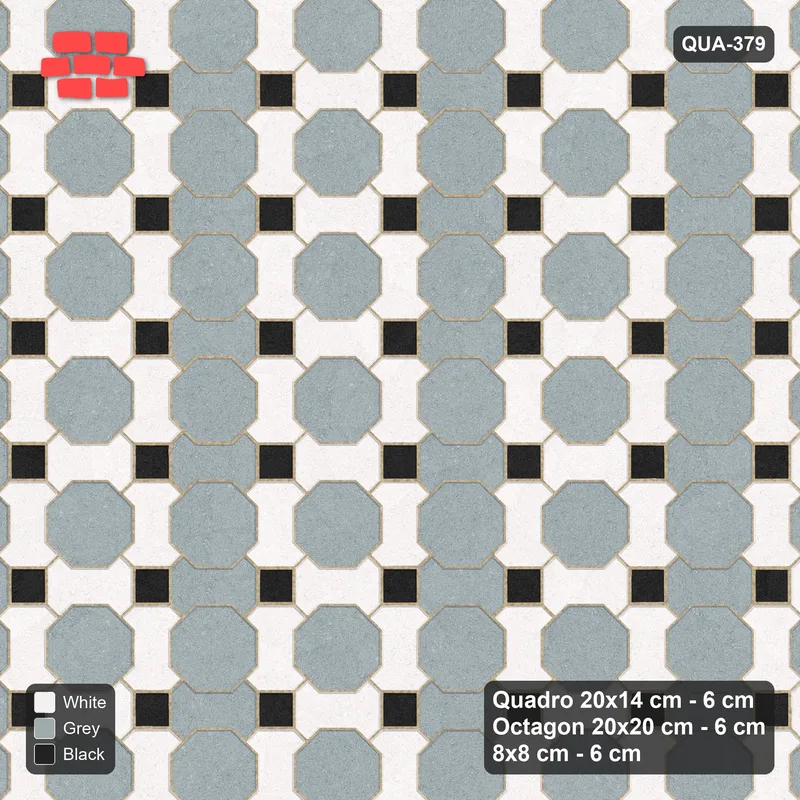 Interlock (Pasco) 20x14 cm · QUA-379 · Quadro-Octagon-8x8 grid, alternating Quadro files (Tuxedo), Kerb 25B kerb · Top view Interlock (Pasco) 20x14 cm · QUA-379 · Quadro-Octagon-8x8 grid, alternating Quadro files (Tuxedo), Kerb 25B kerb · Top view