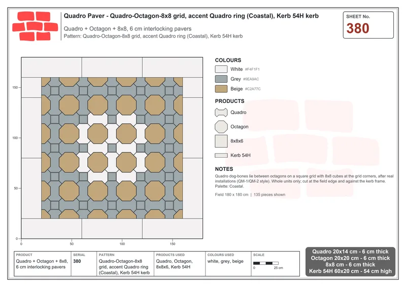Interlock (Pasco) 20x14 cm · QUA-380 · Quadro-Octagon-8x8 grid, accent Quadro ring (Coastal), Kerb 54H kerb · Laying plan