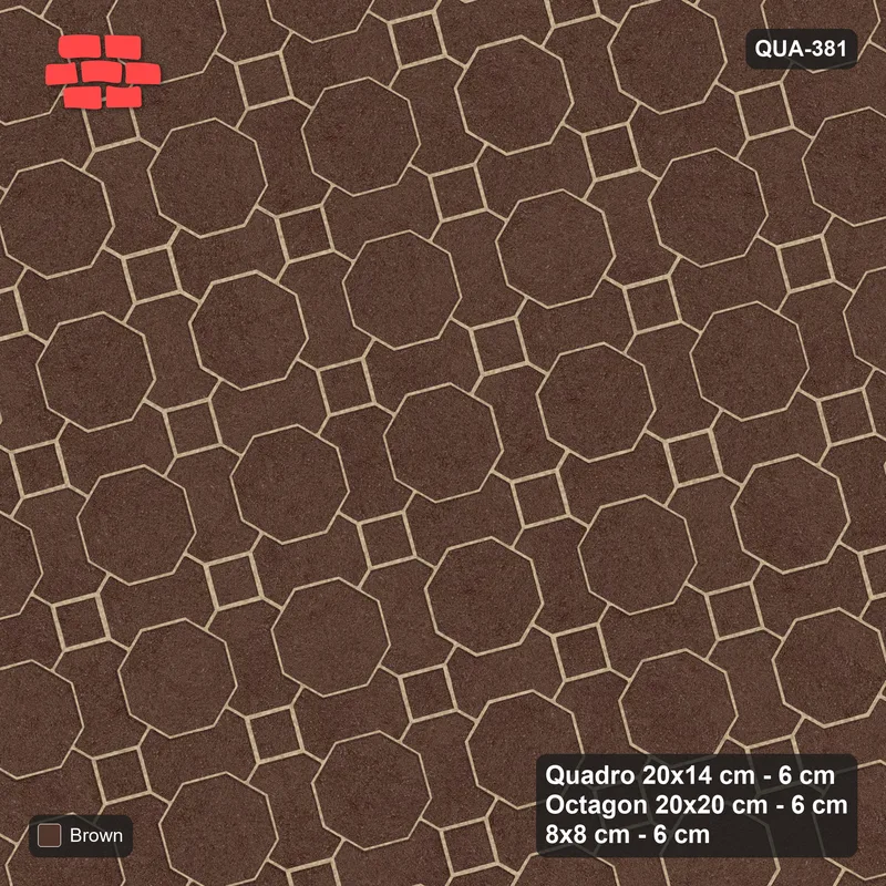 Interlock (Pasco) 20x14 cm · QUA-381 · Quadro-Octagon-8x8 grid, uniform roles, 15 deg (Earth Brown), no kerb · Top view Interlock (Pasco) 20x14 cm · QUA-381 · Quadro-Octagon-8x8 grid, uniform roles, 15 deg (Earth Brown), no kerb · Top view