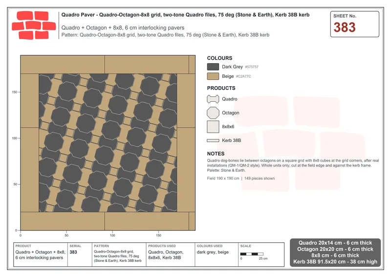 Interlock (Pasco) 20x14 cm · QUA-383 · Quadro-Octagon-8x8 grid, two-tone Quadro files, 75 deg (Stone & Earth), Kerb 38B kerb · Laying plan
