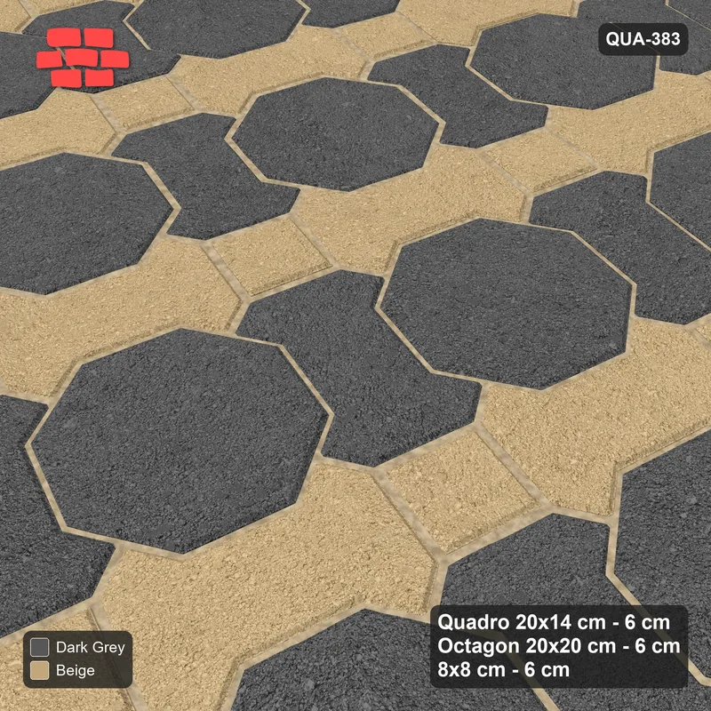 Interlock (Pasco) 20x14 cm · QUA-383 · Quadro-Octagon-8x8 grid, two-tone Quadro files, 75 deg (Stone & Earth), Kerb 38B kerb · Side view Interlock (Pasco) 20x14 cm · QUA-383 · Quadro-Octagon-8x8 grid, two-tone Quadro files, 75 deg (Stone & Earth), Kerb 38B kerb · Side view
