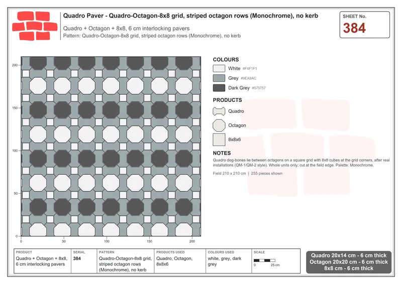 Interlock (Pasco) 20x14 cm · QUA-384 · Quadro-Octagon-8x8 grid, striped octagon rows (Monochrome), no kerb · Laying plan