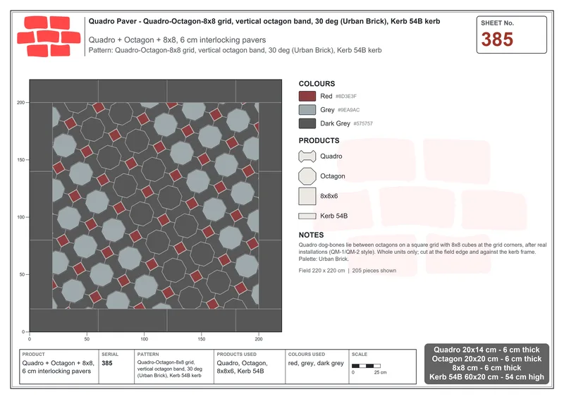 Interlock (Pasco) 20x14 cm · QUA-385 · Quadro-Octagon-8x8 grid, vertical octagon band, 30 deg (Urban Brick), Kerb 54B kerb · Laying plan