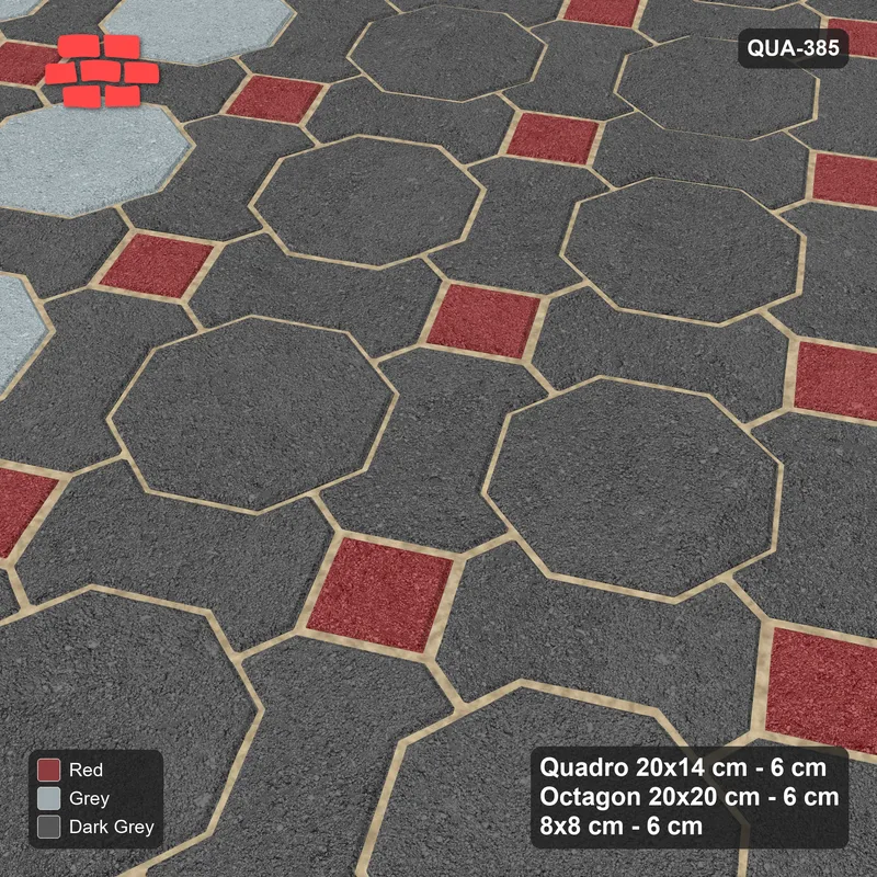 Interlock (Pasco) 20x14 cm · QUA-385 · Quadro-Octagon-8x8 grid, vertical octagon band, 30 deg (Urban Brick), Kerb 54B kerb · Side view Interlock (Pasco) 20x14 cm · QUA-385 · Quadro-Octagon-8x8 grid, vertical octagon band, 30 deg (Urban Brick), Kerb 54B kerb · Side view
