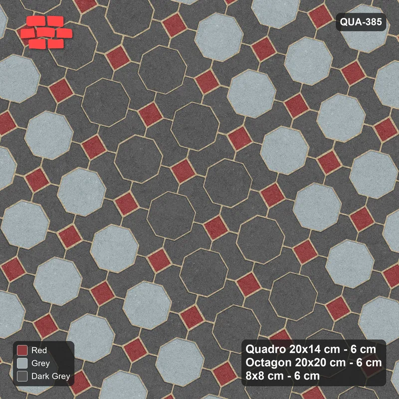 Interlock (Pasco) 20x14 cm · QUA-385 · Quadro-Octagon-8x8 grid, vertical octagon band, 30 deg (Urban Brick), Kerb 54B kerb · Top view Interlock (Pasco) 20x14 cm · QUA-385 · Quadro-Octagon-8x8 grid, vertical octagon band, 30 deg (Urban Brick), Kerb 54B kerb · Top view