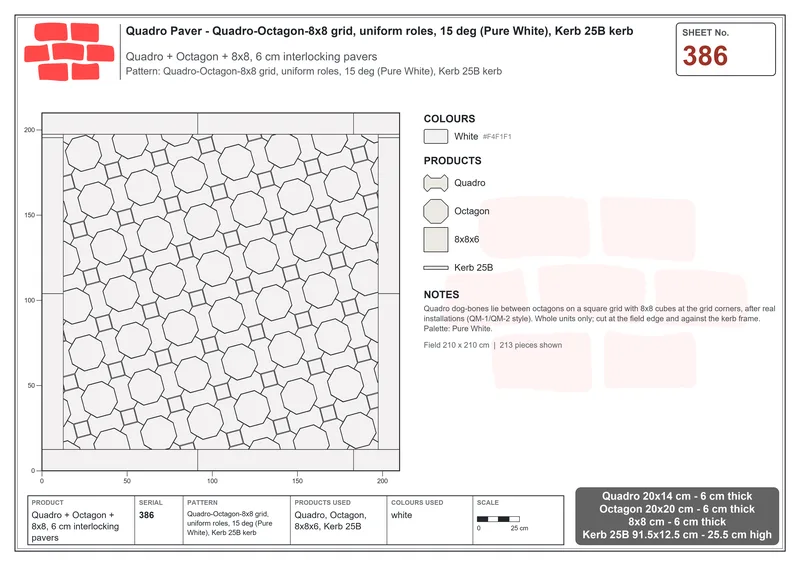 Interlock (Pasco) 20x14 cm · QUA-386 · Quadro-Octagon-8x8 grid, uniform roles, 15 deg (Pure White), Kerb 25B kerb · Laying plan