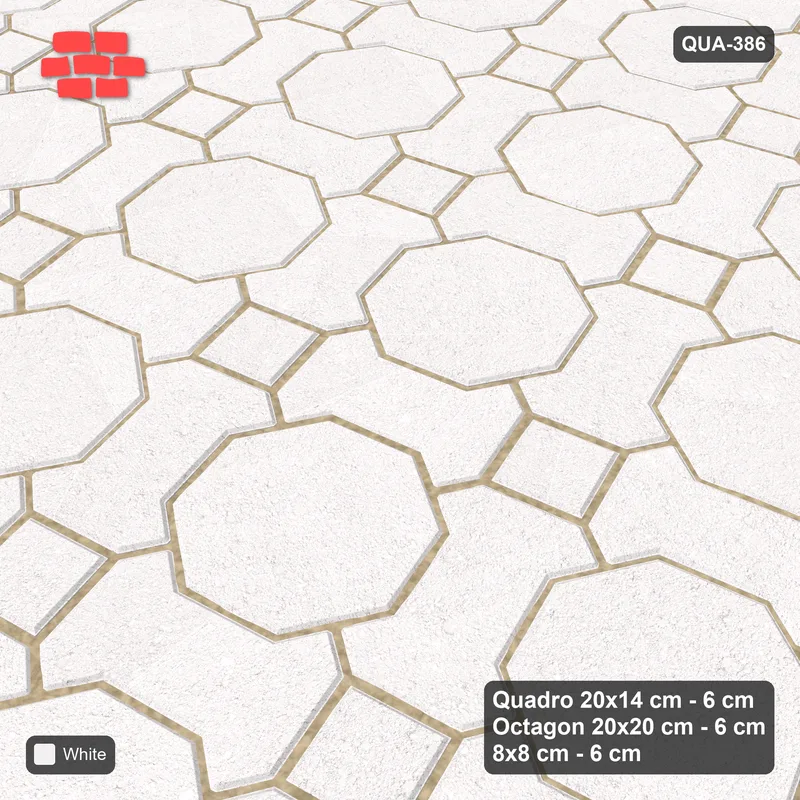 Interlock (Pasco) 20x14 cm · QUA-386 · Quadro-Octagon-8x8 grid, uniform roles, 15 deg (Pure White), Kerb 25B kerb · Side view Interlock (Pasco) 20x14 cm · QUA-386 · Quadro-Octagon-8x8 grid, uniform roles, 15 deg (Pure White), Kerb 25B kerb · Side view