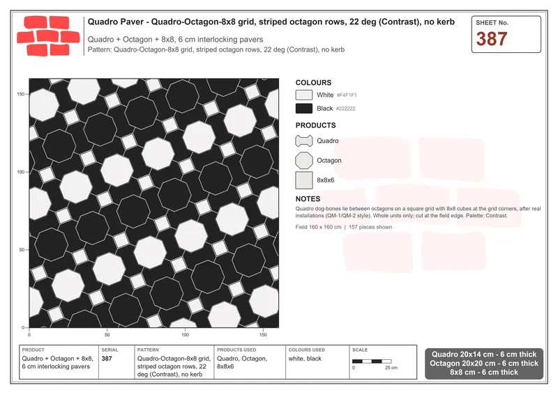 Interlock (Pasco) 20x14 cm · QUA-387 · Quadro-Octagon-8x8 grid, striped octagon rows, 22 deg (Contrast), no kerb · Laying plan