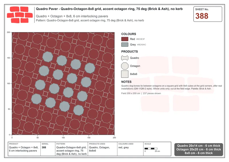Interlock (Pasco) 20x14 cm · QUA-388 · Quadro-Octagon-8x8 grid, accent octagon ring, 75 deg (Brick & Ash), no kerb · Laying plan