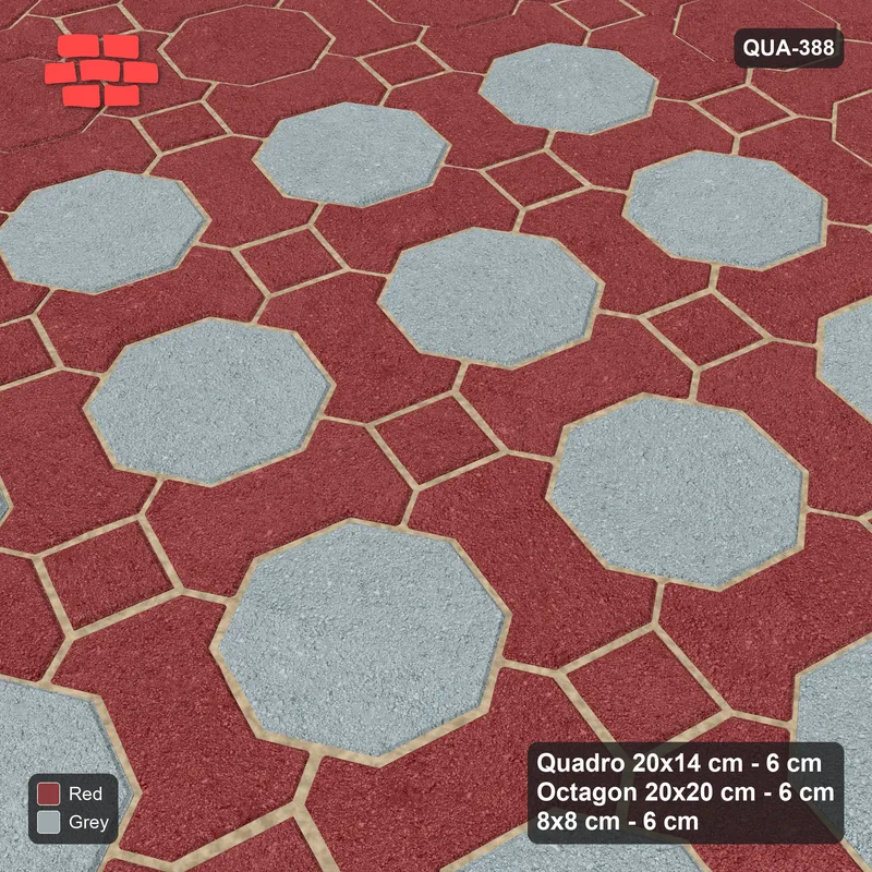 Interlock (Pasco) 20x14 cm · QUA-388 · Quadro-Octagon-8x8 grid, accent octagon ring, 75 deg (Brick & Ash), no kerb · Side view Interlock (Pasco) 20x14 cm · QUA-388 · Quadro-Octagon-8x8 grid, accent octagon ring, 75 deg (Brick & Ash), no kerb · Side view
