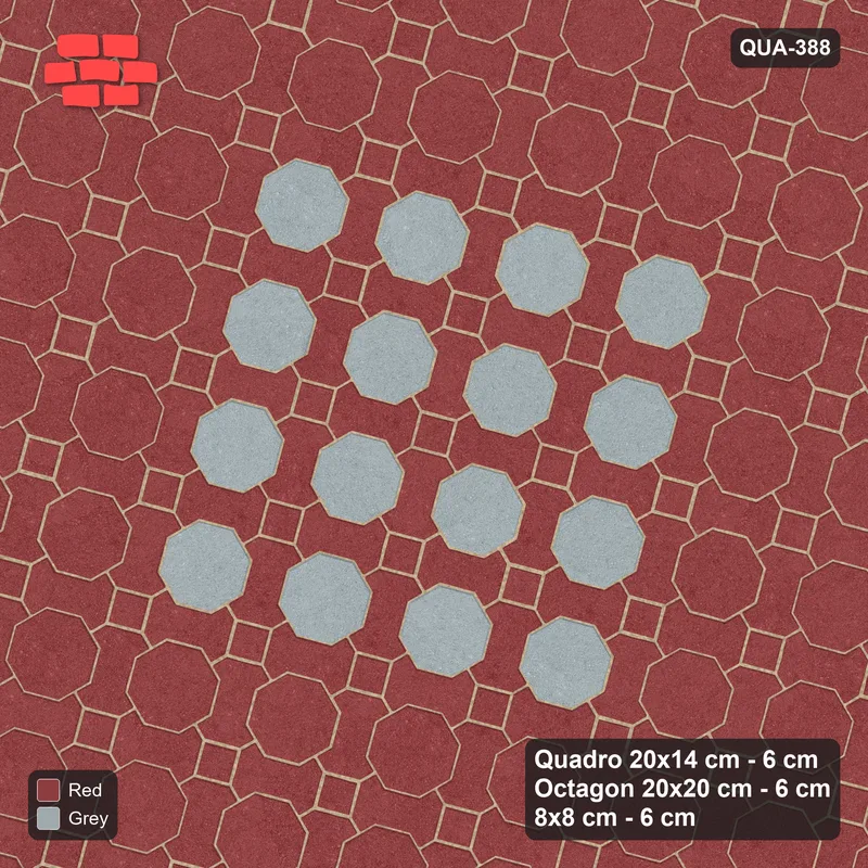 Interlock (Pasco) 20x14 cm · QUA-388 · Quadro-Octagon-8x8 grid, accent octagon ring, 75 deg (Brick & Ash), no kerb · Top view Interlock (Pasco) 20x14 cm · QUA-388 · Quadro-Octagon-8x8 grid, accent octagon ring, 75 deg (Brick & Ash), no kerb · Top view