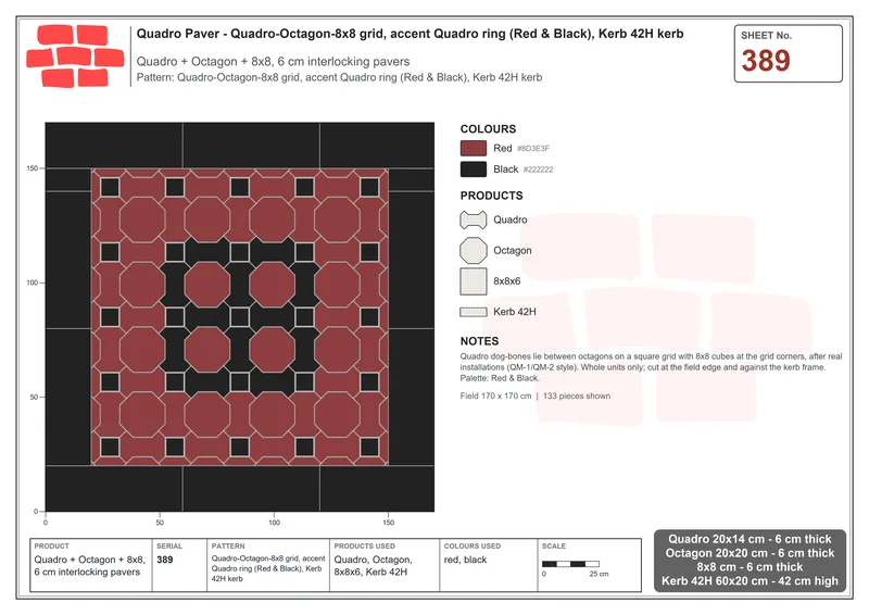 Interlock (Pasco) 20x14 cm · QUA-389 · Quadro-Octagon-8x8 grid, accent Quadro ring (Red & Black), Kerb 42H kerb · Laying plan