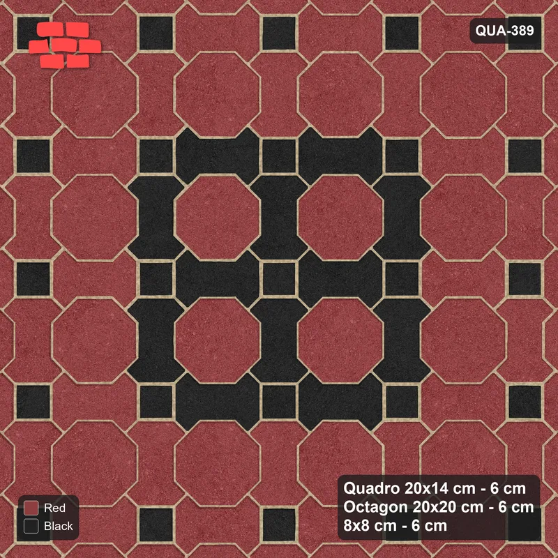 Interlock (Pasco) 20x14 cm · QUA-389 · Quadro-Octagon-8x8 grid, accent Quadro ring (Red & Black), Kerb 42H kerb · Top view Interlock (Pasco) 20x14 cm · QUA-389 · Quadro-Octagon-8x8 grid, accent Quadro ring (Red & Black), Kerb 42H kerb · Top view