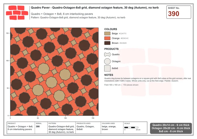 Interlock (Pasco) 20x14 cm · QUA-390 · Quadro-Octagon-8x8 grid, diamond octagon feature, 30 deg (Autumn), no kerb · Laying plan