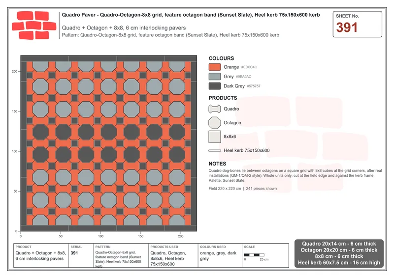 Interlock (Pasco) 20x14 cm · QUA-391 · Quadro-Octagon-8x8 grid, feature octagon band (Sunset Slate), Heel kerb 75x150x600 kerb · Laying plan