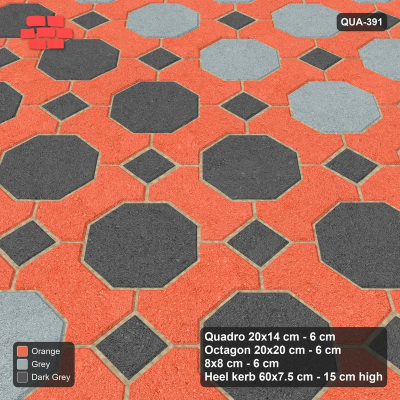 Interlock (Pasco) 20x14 cm · QUA-391 · Quadro-Octagon-8x8 grid, feature octagon band (Sunset Slate), Heel kerb 75x150x600 kerb · Side view Interlock (Pasco) 20x14 cm · QUA-391 · Quadro-Octagon-8x8 grid, feature octagon band (Sunset Slate), Heel kerb 75x150x600 kerb · Side view