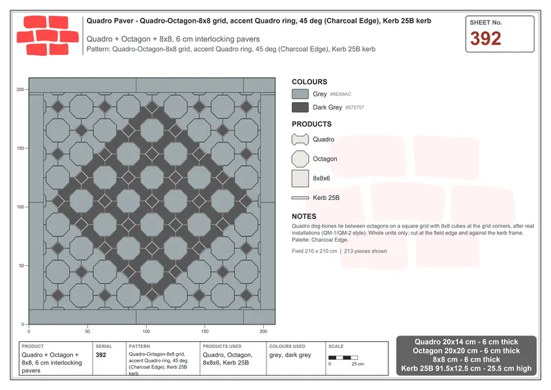 Interlock (Pasco) 20x14 cm · QUA-392 · Quadro-Octagon-8x8 grid, accent Quadro ring, 45 deg (Charcoal Edge), Kerb 25B kerb · Laying plan