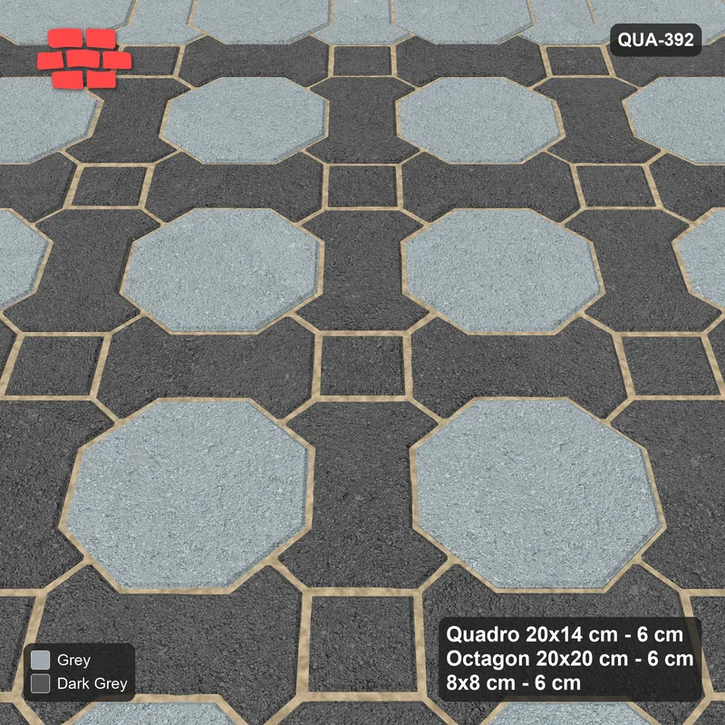 Interlock (Pasco) 20x14 cm · QUA-392 · Quadro-Octagon-8x8 grid, accent Quadro ring, 45 deg (Charcoal Edge), Kerb 25B kerb · Side view Interlock (Pasco) 20x14 cm · QUA-392 · Quadro-Octagon-8x8 grid, accent Quadro ring, 45 deg (Charcoal Edge), Kerb 25B kerb · Side view