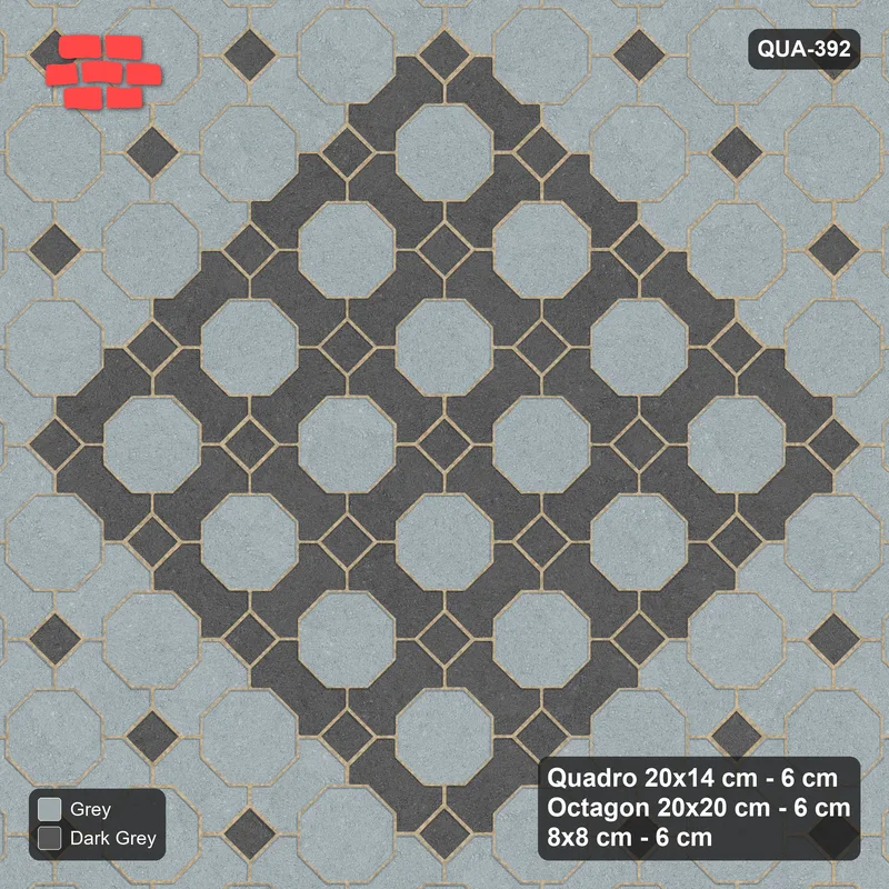 Interlock (Pasco) 20x14 cm · QUA-392 · Quadro-Octagon-8x8 grid, accent Quadro ring, 45 deg (Charcoal Edge), Kerb 25B kerb · Top view Interlock (Pasco) 20x14 cm · QUA-392 · Quadro-Octagon-8x8 grid, accent Quadro ring, 45 deg (Charcoal Edge), Kerb 25B kerb · Top view