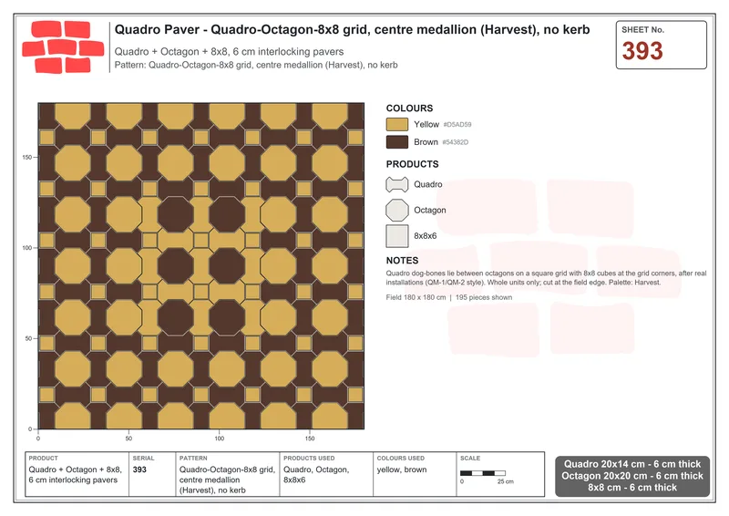 Interlock (Pasco) 20x14 cm · QUA-393 · Quadro-Octagon-8x8 grid, centre medallion (Harvest), no kerb · Laying plan