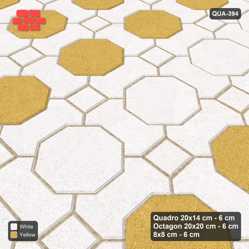 Interlock (Pasco) 20x14 cm · QUA-394 · Quadro-Octagon-8x8 grid, vertical octagon band (Ivory & Ochre), Kerb 30F kerb · Side view Interlock (Pasco) 20x14 cm · QUA-394 · Quadro-Octagon-8x8 grid, vertical octagon band (Ivory & Ochre), Kerb 30F kerb · Side view