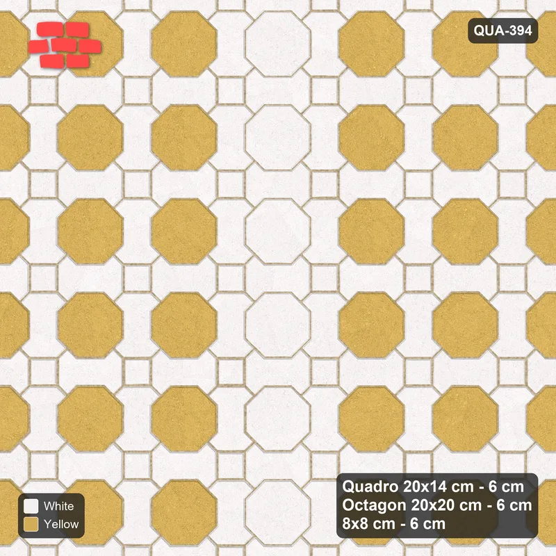 Interlock (Pasco) 20x14 cm · QUA-394 · Quadro-Octagon-8x8 grid, vertical octagon band (Ivory & Ochre), Kerb 30F kerb · Top view Interlock (Pasco) 20x14 cm · QUA-394 · Quadro-Octagon-8x8 grid, vertical octagon band (Ivory & Ochre), Kerb 30F kerb · Top view
