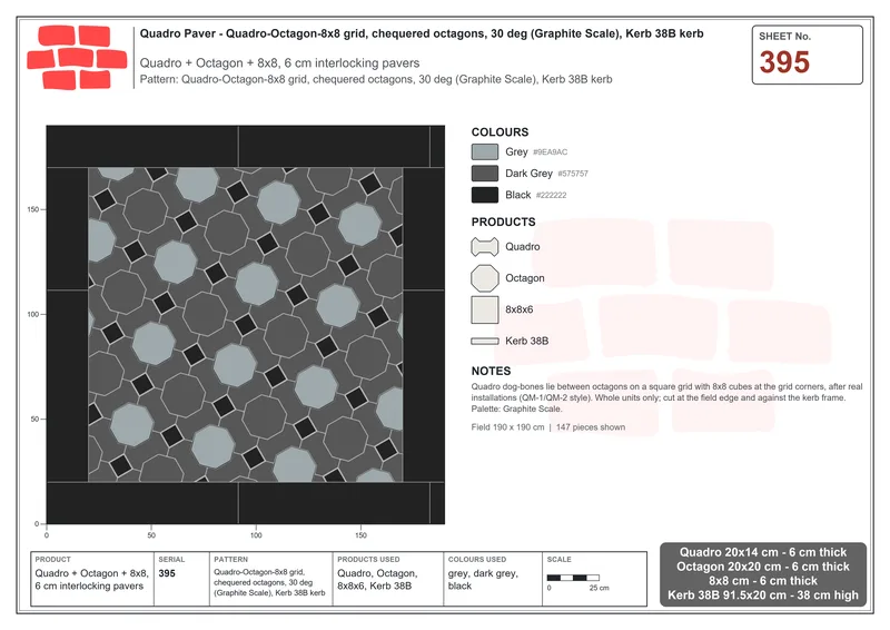 Interlock (Pasco) 20x14 cm · QUA-395 · Quadro-Octagon-8x8 grid, chequered octagons, 30 deg (Graphite Scale), Kerb 38B kerb · Laying plan