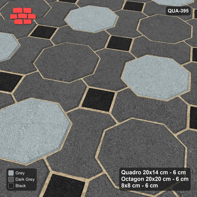 Interlock (Pasco) 20x14 cm · QUA-395 · Quadro-Octagon-8x8 grid, chequered octagons, 30 deg (Graphite Scale), Kerb 38B kerb · Side view Interlock (Pasco) 20x14 cm · QUA-395 · Quadro-Octagon-8x8 grid, chequered octagons, 30 deg (Graphite Scale), Kerb 38B kerb · Side view