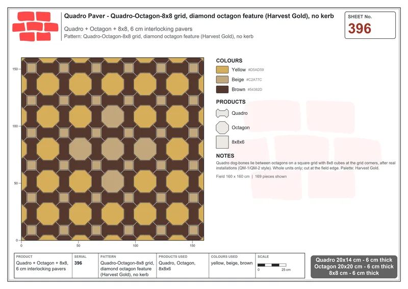 Interlock (Pasco) 20x14 cm · QUA-396 · Quadro-Octagon-8x8 grid, diamond octagon feature (Harvest Gold), no kerb · Laying plan