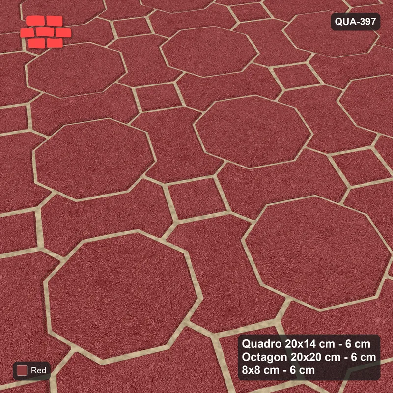Interlock (Pasco) 20x14 cm · QUA-397 · Quadro-Octagon-8x8 grid, uniform roles, 60 deg (Terracotta Red), Kerb 38H kerb · Side view Interlock (Pasco) 20x14 cm · QUA-397 · Quadro-Octagon-8x8 grid, uniform roles, 60 deg (Terracotta Red), Kerb 38H kerb · Side view
