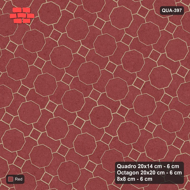 Interlock (Pasco) 20x14 cm · QUA-397 · Quadro-Octagon-8x8 grid, uniform roles, 60 deg (Terracotta Red), Kerb 38H kerb · Top view Interlock (Pasco) 20x14 cm · QUA-397 · Quadro-Octagon-8x8 grid, uniform roles, 60 deg (Terracotta Red), Kerb 38H kerb · Top view